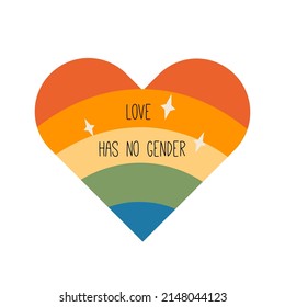 LGBT groovy rainbow flag in heart shape with inscription Love has no gender. Happy Pride Month graphic element in retro style. Sticker to support LGBTQ queer awareness community. Vector illustration.