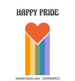 LGBT groovy rainbow with heart. Happy Pride Month greeting card template with retro text. Homosexual rights awareness. Queer symbol in retro style. Vector illustration in flat style isolated on white.