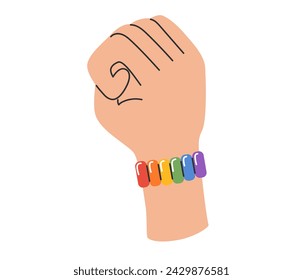 LGBT hand with rainbow bracelet. Raised fist gesture. LGBTQ pride community. Vector illustration in hand drawn style