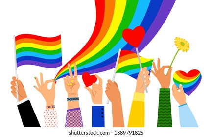 Lgbt hands. Hand holding pride flag or transgender sign isolated on white background, vector illustration