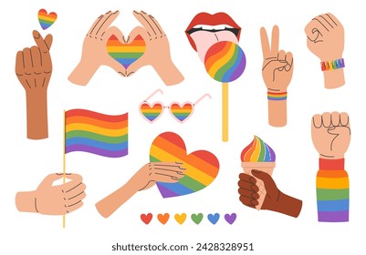 LGBT hands sticker pack. LGBTQ pride community rainbow elements. Pride month. Vector illustration in hand drawn style 