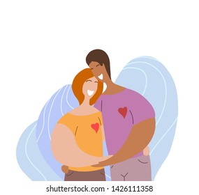 Lgbt happy couple hugging and laughing. Woman relationships and love. Date in modern flat style. Family and unity of different people. Vector element for cards, invitations and your creativity