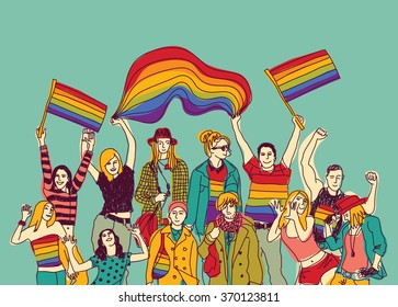 Lgbt Happy Gay Meeting People Group And Sky. Color Vector Illustration. EPS8