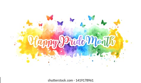 LGBT happy pride month banner with colorful rainbow watercolor splash and butterflies. vector illustration