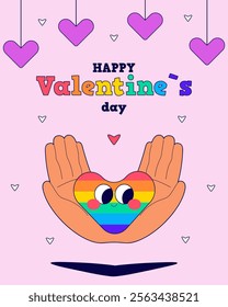 LGBT. Happy Valentine's day card. Hands holding cute heart. Flat vector illustration.