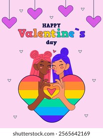 LGBT Happy Valentine`s day card with cute couple. Vector illustrations in modern style.