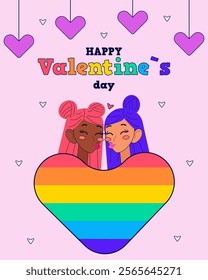 LGBT Happy Valentine`s day card with cute couple. Vector illustrations in modern style.