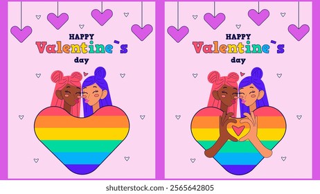 LGBT Happy Valentine`s day cards with cute couple. Vector illustrations in modern style.