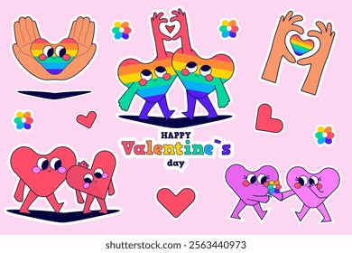 LGBT. Happy Valentine's day stickers. Groovy stickers with hearts. Flat vector illustration.