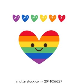 LGBT heart cartoon with cute face and hand drawn heart icons isolated on white background vector illustration.