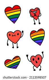 LGBT heart character. Cartoon heart emoji gay. Homosexual rainbow symbol. Stock sticker flat illustration on a white background.