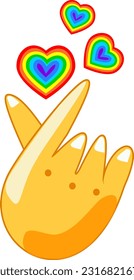 LGBT heart concept, Korean finger rainbow heart I love you Hangul logo vector illustration. Korean symbol hand heart, a message of love hand gesture
