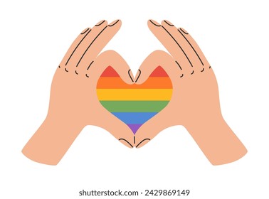 LGBT heart hands showing love. LGBTQ pride community. Rainbow elements. Vector illustration in hand drawn style 