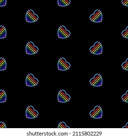 lgbt heart seamless pattern, bright vector illustration on black background.