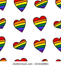 LGBT heart seamless pattern. Cartoon heart emoji gay. Homosexual rainbow symbol. Stock sticker flat illustration on a white background.