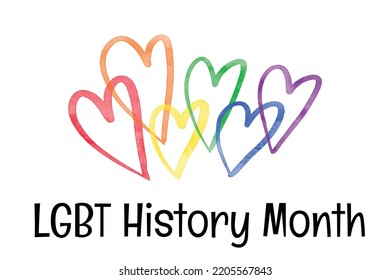 LGBT History Month card with cute watercolor textured six hearts in rainbow color of LGBT community. Pride month in October. Vector illustration isolated on white background