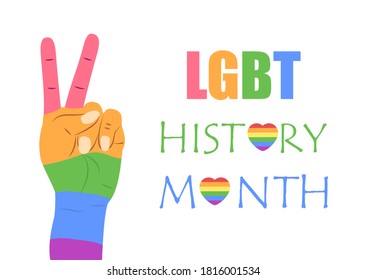 LGBT history month concept vector for banner, poster, web. Hand and heart are painted in LGBT pride colors. Event is celebrated in October. Pride month in June 