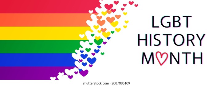 LGBT History Month modern vector concept. Freedom rainbow flag with hearts and text isolated on white.