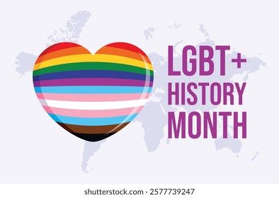 LGBT+ History Month poster vector illustration. LGBT and transgender flag in heart shape icon vector.  LGBTQIA flag love symbol graphic design element. Template for background, banner, card