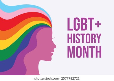 LGBT+ History Month poster vector illustration. Female head in profile with long rainbow hair icon. LGBTQIA flag graphic design element. Template for background, banner, card. Important day