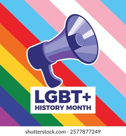 LGBT+ History Month poster vector illustration. Purple loud speaker and LGBT and transgender flag vector. LGBTQIA megaphone graphic design element. Template for background, banner, card. Important day