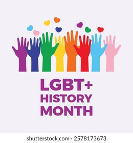 LGBT+ History Month poster vector illustration. Colored raised hands up pride flag icon vector. LGBTQIA hands up silhouette graphic design element. Template for background, banner, card. Important day