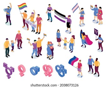 LGBT homosexual love symbols gay lesbian couples parents rights awareness day rainbow flags isometric set vector illustration