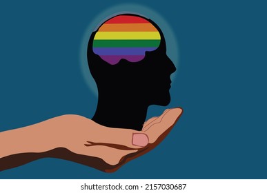 LGBT homosexuality illustration in art concept with hand hold the silhouette of head and brain with rainbow flag color