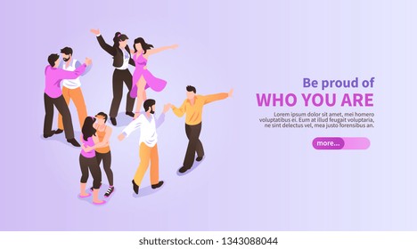 Lgbt horizontal isometric banner with dancing homosexual couples 3d vector illustration