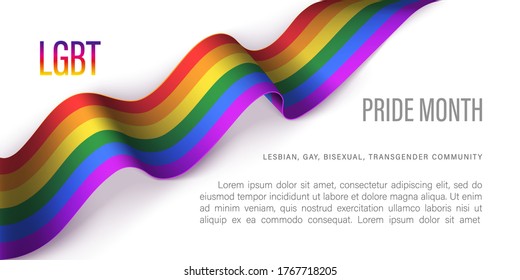 LGBT Horizontal Poster With Photo Realistic Rainbow Ribbon Symbol Of LGBT Community On A Light Background. Template Vector Design For Banner, Poster, Magazine.