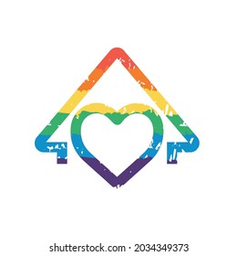 LGBT house icon. Drawing of a sign in the style of LGBT, seven colors of the rainbow (red, orange, yellow, green, blue, indigo, purple) Love in every home. Vector