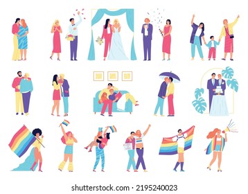 Lgbt icon set vector couples in love marry spend their free time walk with their children attend gay parades with rainbow flags illustration