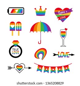 LGBT icon vector set with flag and rainbow. Pride parade cartoon elements. Gay party stickers. 