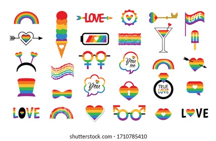 LGBT icon vector set with flag and rainbow. Pride parade cartoon elements. Gay party stickers. 