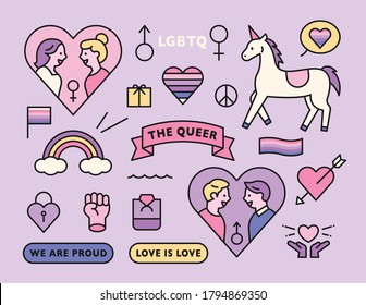 LGBT iconic object icons and couples. flat design style minimal vector illustration.