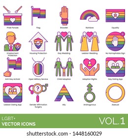 LGBT+ Icons Including Pride Parade, Flag, Rainbow, Equality, Employment Protection, Housing, Gay Wedding, Lesbian, No Homophobia, Anti Activist, Child Adoption, Rights, Dating App, Ally, Androgynous.