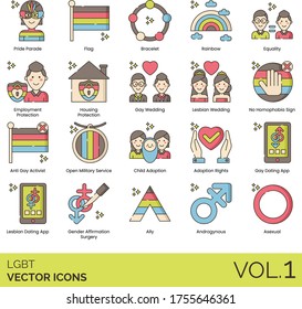 LGBT+ icons including pride parade, flag, bracelet, rainbow, equality, employment protection, housing, gay wedding, lesbian, no homophobia sign, anti activist, open military service, child adoption.