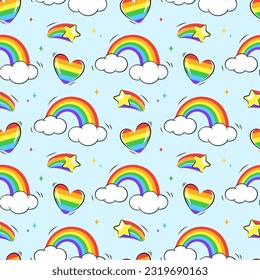 LGBT icons seamless pattern. Rainbow, stars, hearts background