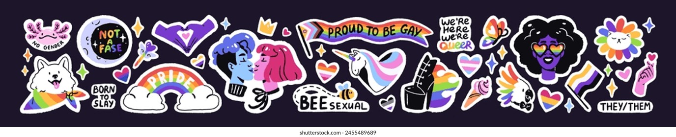 LGBT icons set. Celebration of pride month. Homosexual love, lesbians, gays sticker pack. Signs of queer gender, orientation, LGBTQ progressive flag, rainbow. Flat isolated vector illustrations