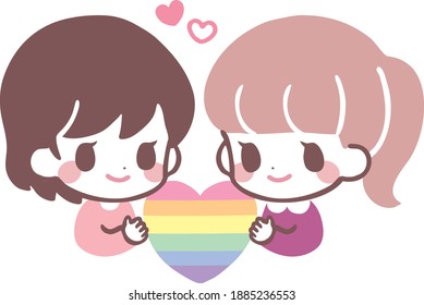 LGBT illustration - couple of girls with rainbow hearts