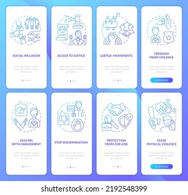 LGBT-Probleme und Unterstützung blauer Farbverlauf-Onboarding Mobile App-Set. 4-stufige grafische Anleitungen mit linearen Konzepten. UI, UX, GUI-Vorlage. Myriad Pro-kühne, Standardschriftarten verwendet