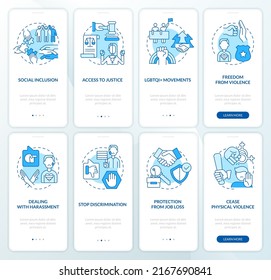 LGBT issues and support blue onboarding mobile app screen set. Walkthrough 4 steps editable graphic instructions with linear concepts. UI, UX, GUI template. Myriad Pro-Bold, Regular fonts used