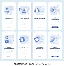 LGBT issues and support light blue onboarding mobile app screen set. Walkthrough 4 steps editable graphic instructions with linear concepts. UI, UX, GUI template. Myriad Pro-Bold, Regular fonts used