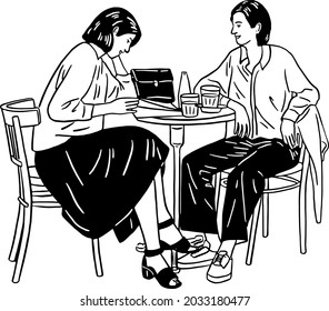 LGBT Lesbian couple Women drinking coffee at cafe Hand drawn Line art illustration