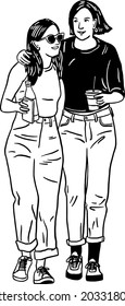 LGBT Lesbian couple Women lovers walking together Hand drawn Line art illustration