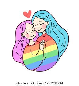 LGBT Lesbian family concept. Kiss and hug sticker. Vector illustration. Doodle style and rainbow sign