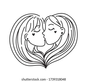 LGBT Lesbian family concept. Kiss and hug sticker. Vector illustration. Doodle style