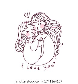 LGBT Lesbian family concept. Kiss and hug sticker. Vector illustration. Doodle style