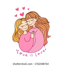 LGBT Lesbian family concept. Kiss and hug sticker. Vector illustration. Doodle style