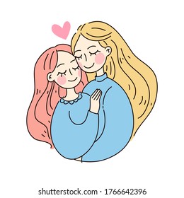 LGBT Lesbian family concept. Kiss and hug sticker. Vector illustration. Doodle style